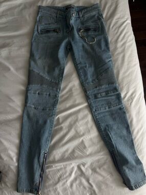 Balmain Light Blue Ribbed Moto Skinny Jeans